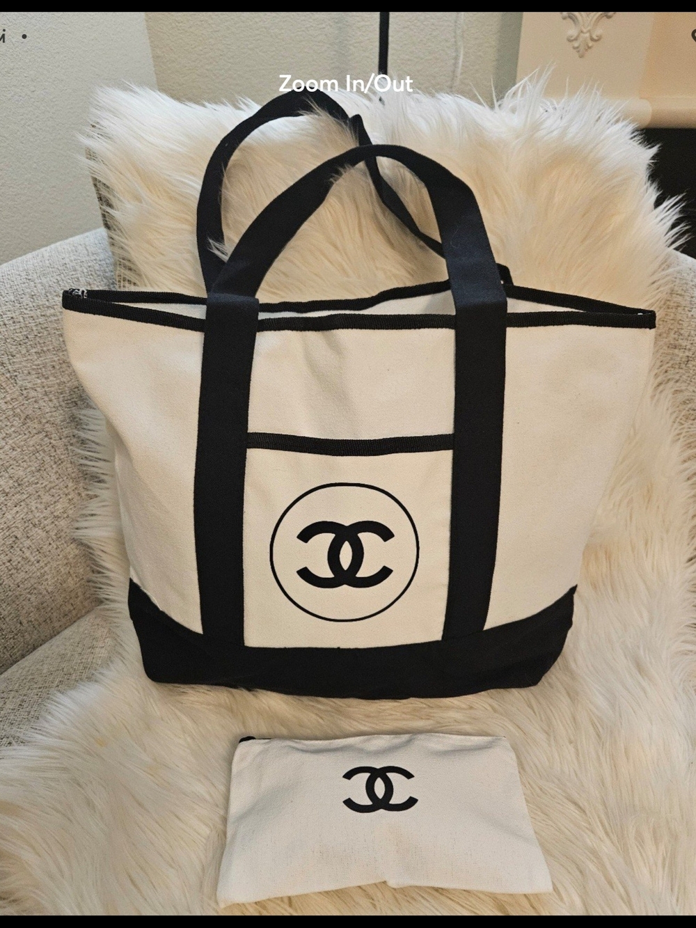 White and Black Canvas Tote with Pouch - Picture 5 of 10